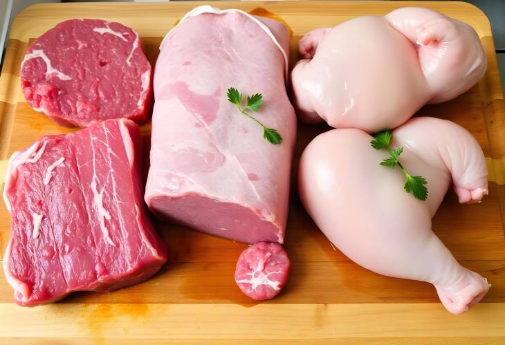 Assorted Raw Meats on Wooden Board